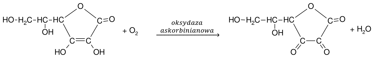 kwas askorbinowy + O2 --oksydaza askorbinianowa--> kwas dehydroaskorbinowy + H2O