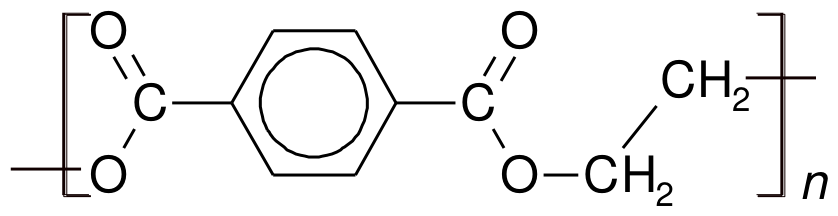 Wzór strukturalny poli(tereftalanu etylenu): powtarzalna reszta -[O-C(=O)-C6H4-C(=O)-O-CH2-CH2]-n