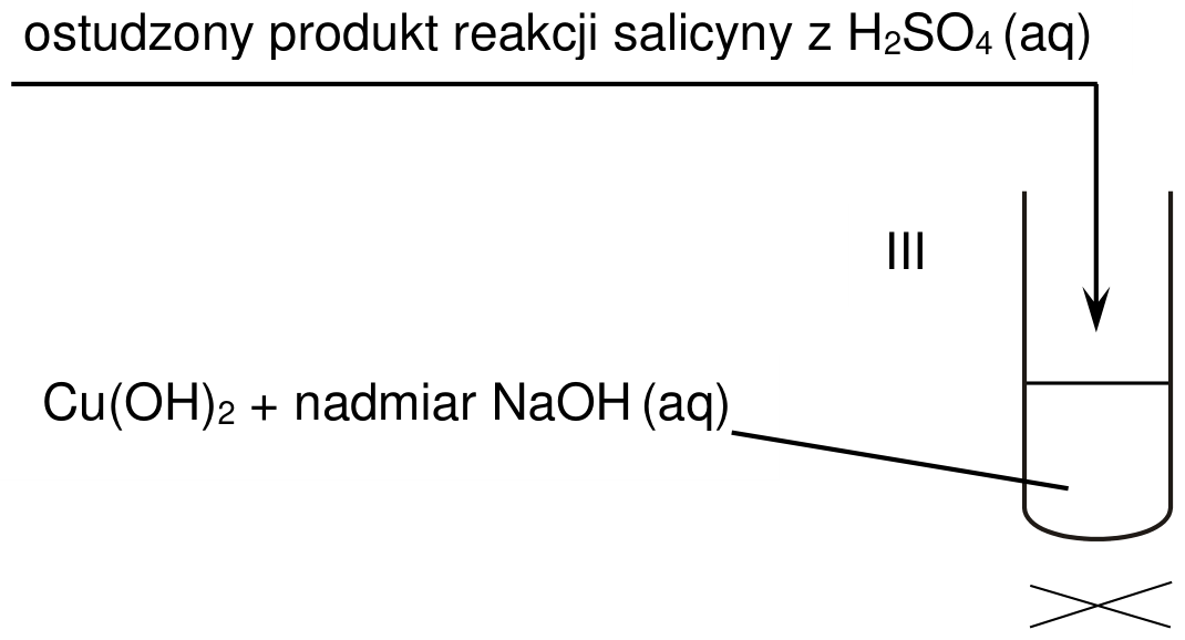 Schemat: do probówki III z Cu(OH)2 i nadmiarem NaOH(aq) wprowadzany jest ostudzony produkt reakcji salicyny z H2SO4(aq)