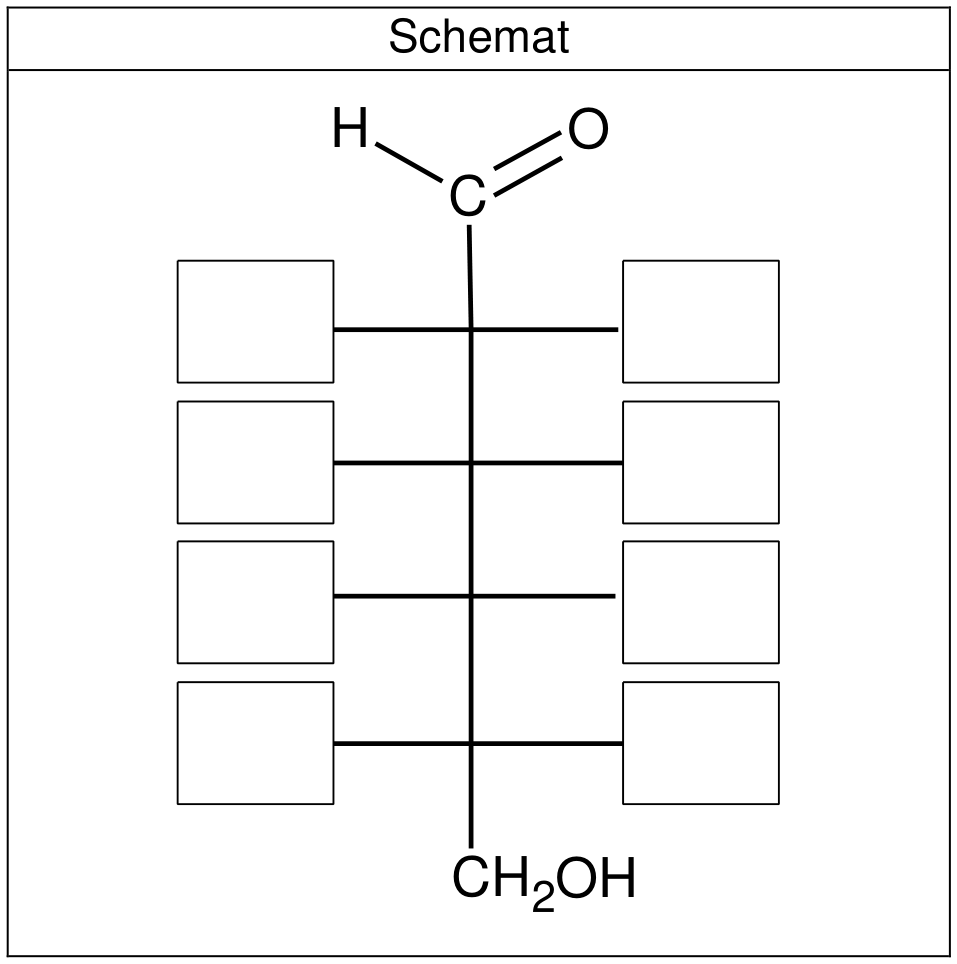 Pusty schemat projekcji Fischera: H-C=O na szczycie, cztery puste pola po lewej i prawej stronie łańcucha, CH2OH na dole